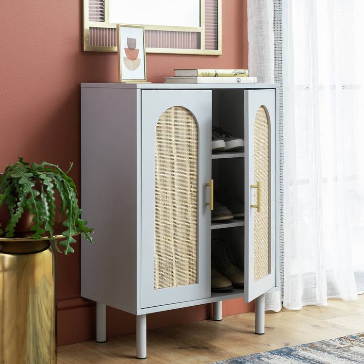 Habitat grey shoe storage cabinet 2-door with cane detailing - British product