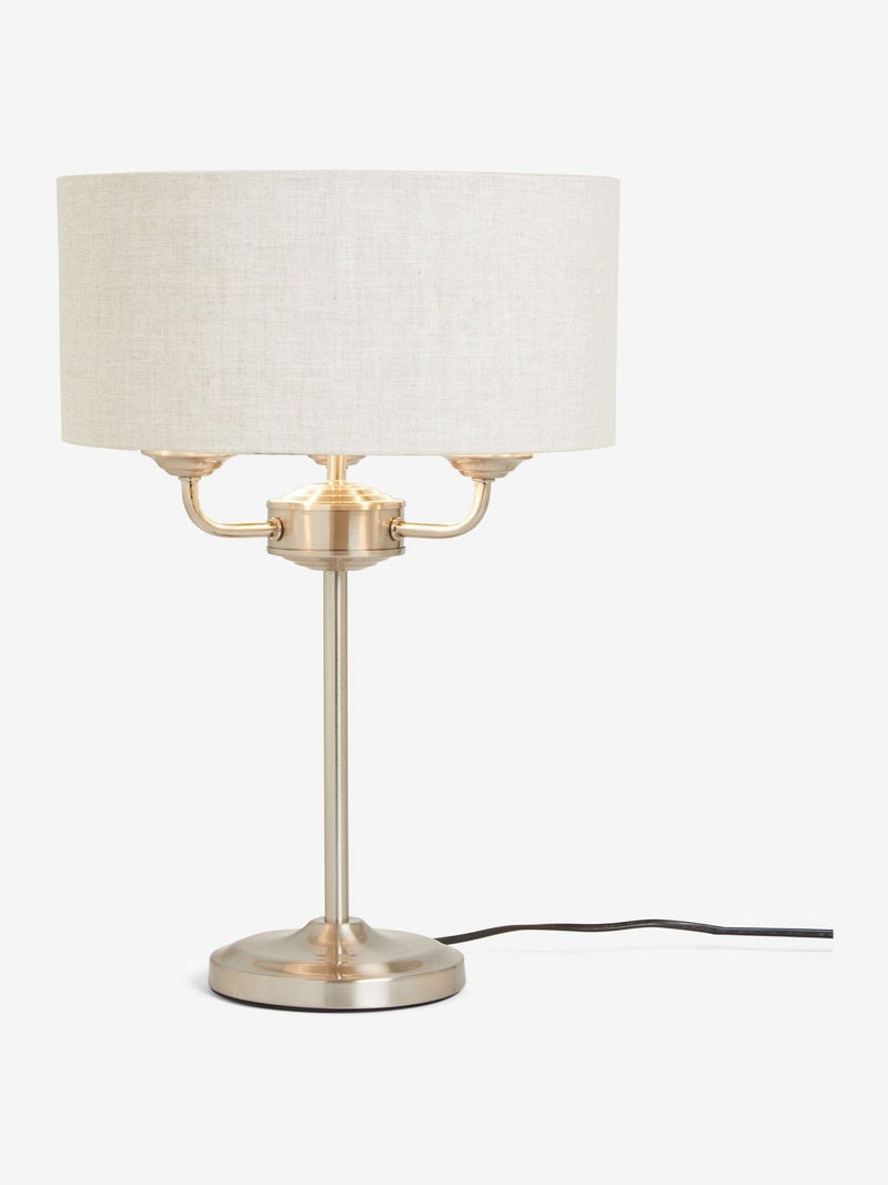 Burford brushed nickel three-light table lamp 48cm, UK version