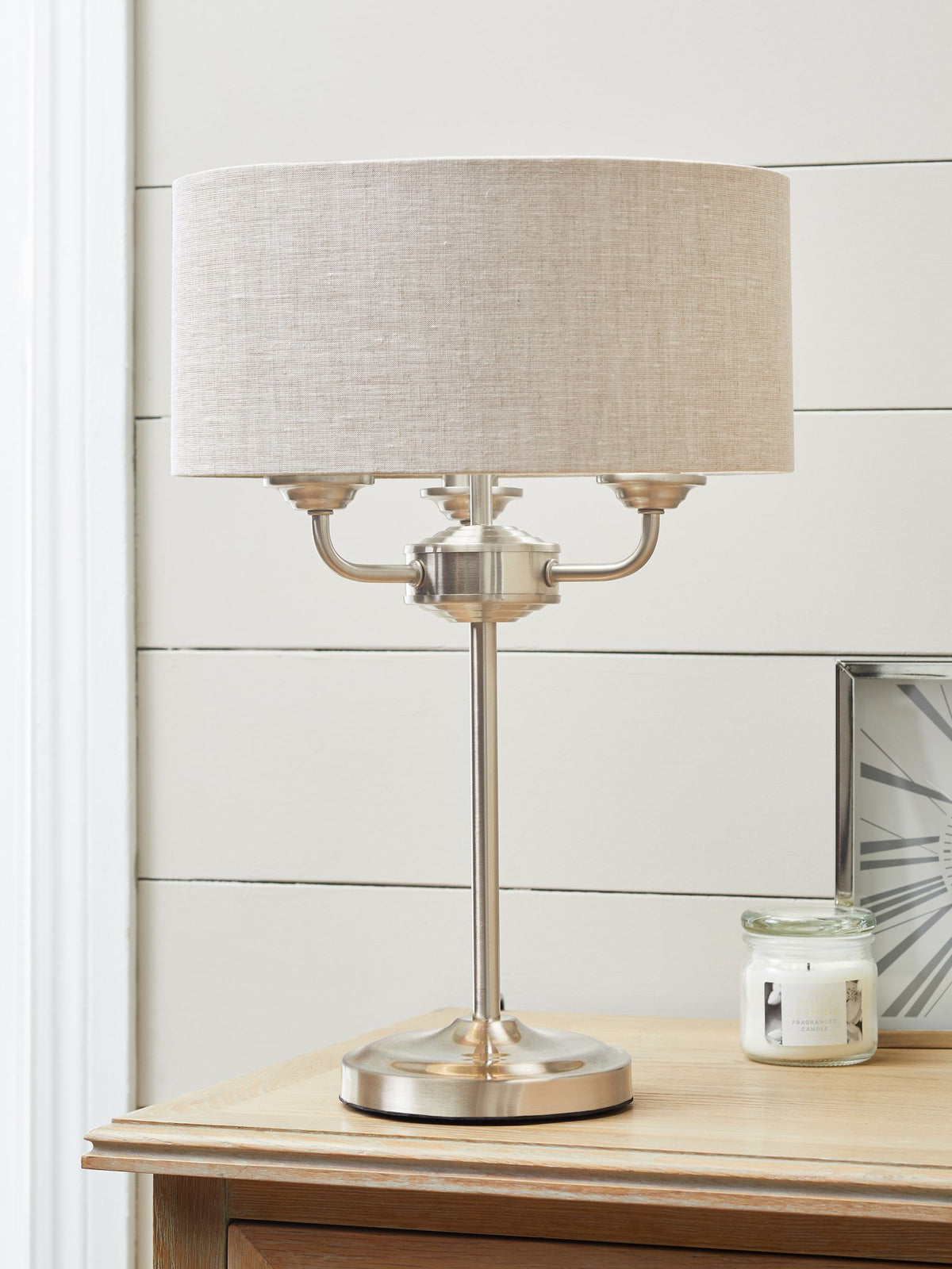 Burford brushed nickel three-light table lamp 48cm, UK version