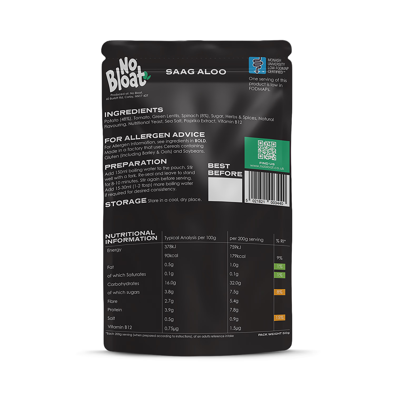 No Bloat Saag Aloo vegan pouch 4 x 50g, imported from the UK