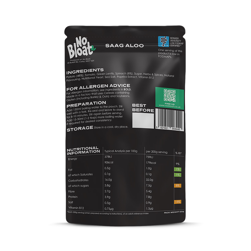 No Bloat Saag Aloo vegan pouch 4 x 50g, imported from the UK