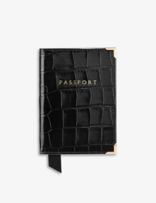 Aspinal of London croc-embossed leather passport cover with gold corners (British brand)