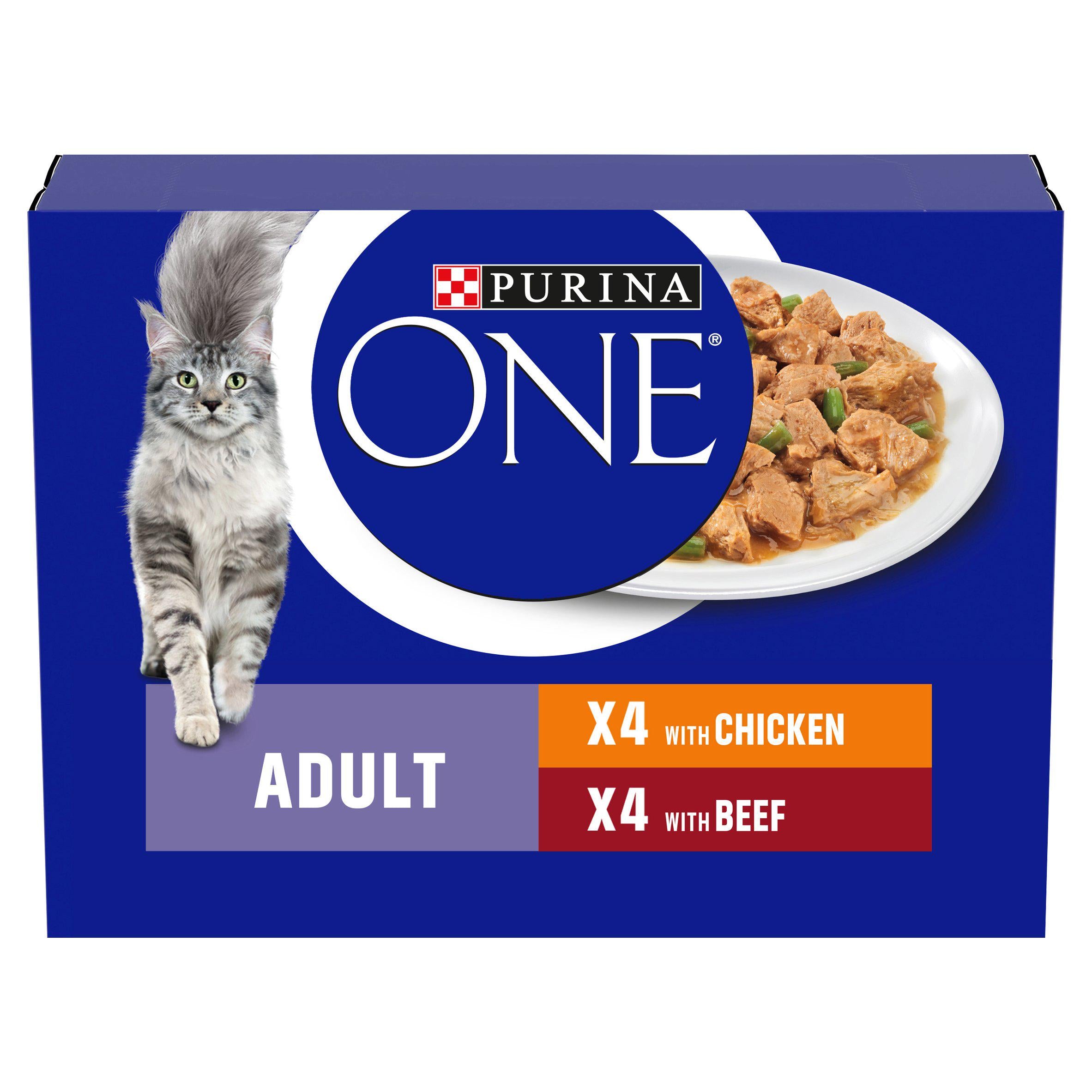 Purina One Adult Cat Food Chicken and Beef 8x85g Advanced nutrition cat food Sainsburys   