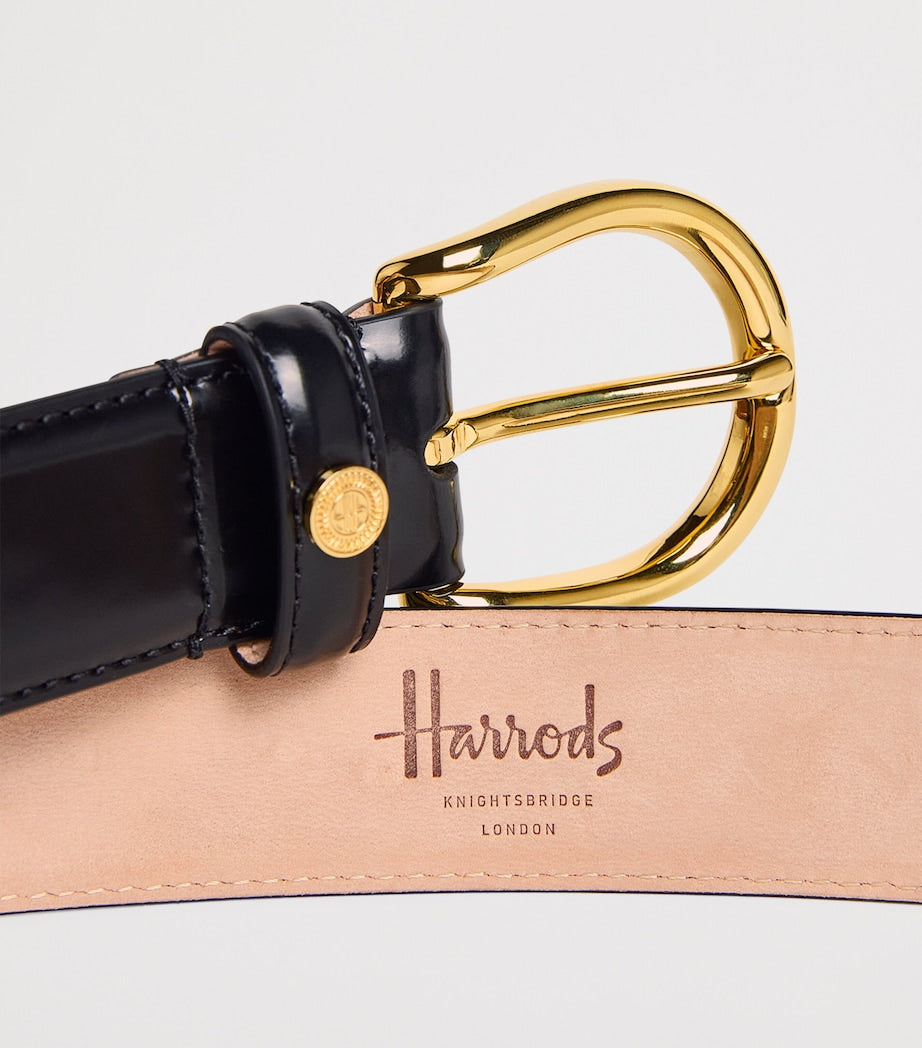 Harrods black leather belt with gold-tone H-branded stud (British brand)