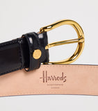 Harrods black leather belt with gold-tone H-branded stud (British brand)