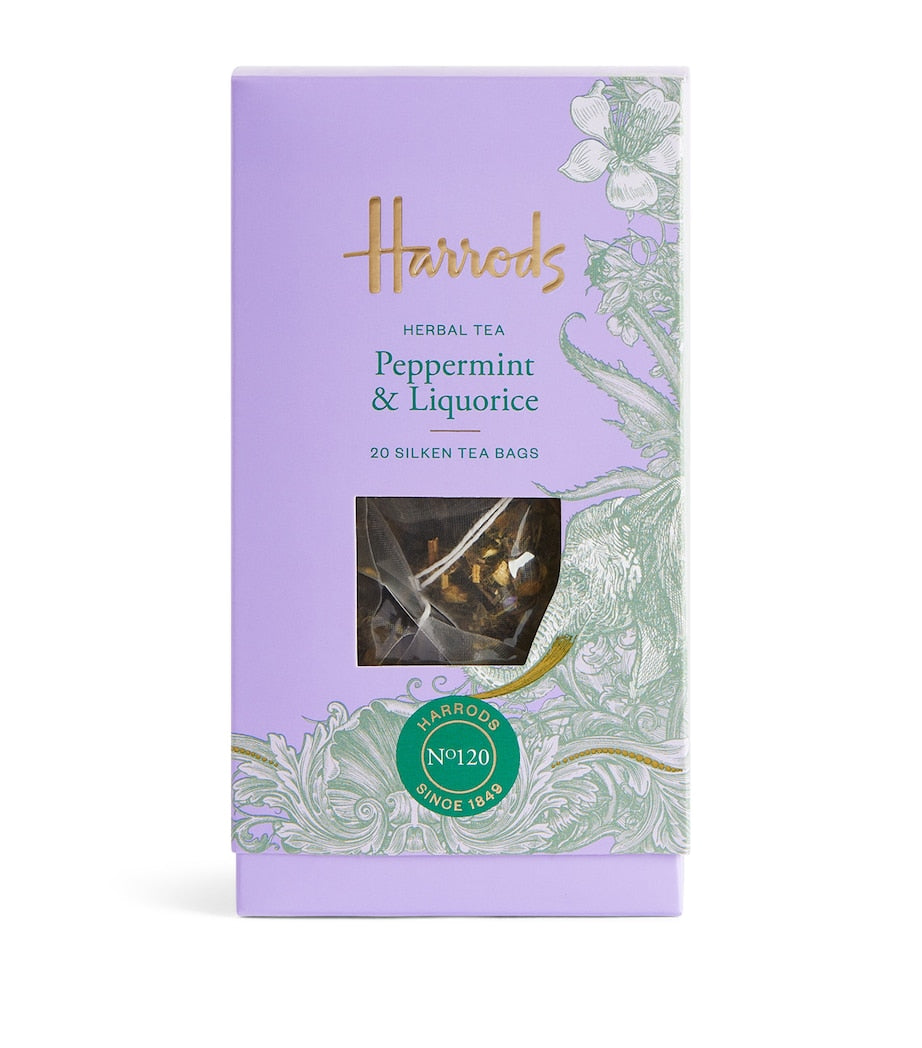 Harrods peppermint and liquorice herbal tea 20 tea bags, UK version
