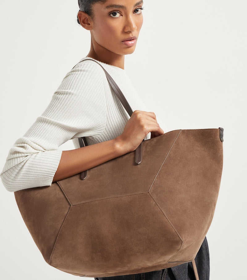 Brunello Cucinelli medium suede BC duo tote bag, imported from the UK