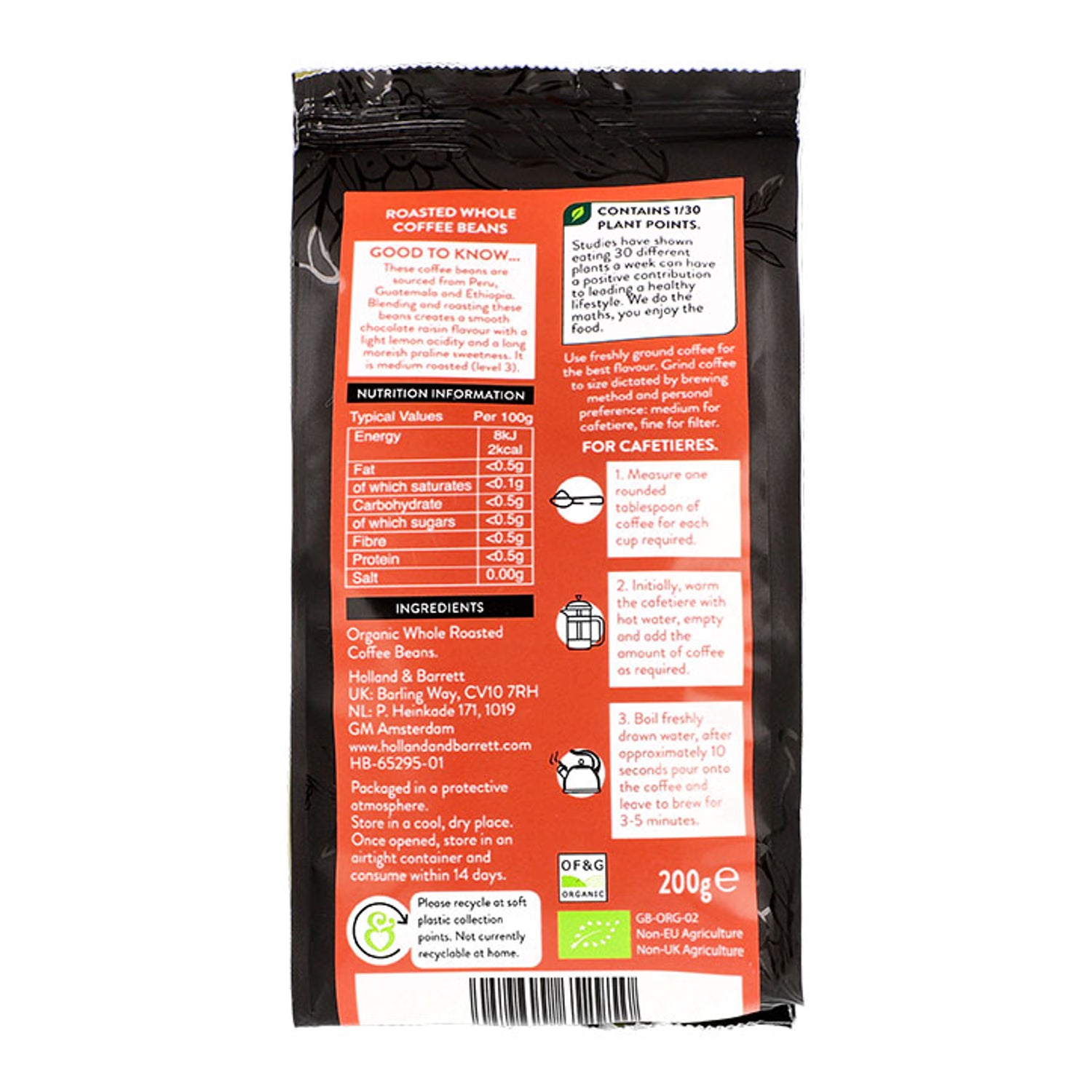 Holland & Barrett House Blend Coffee Beans 200g, imported from the UK