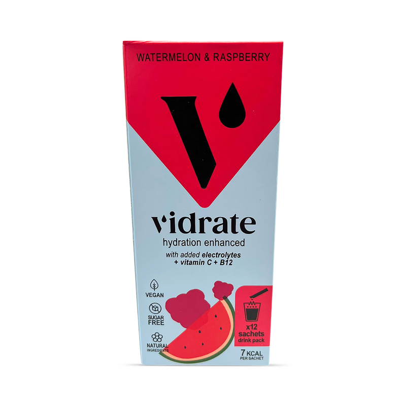 Vidrate watermelon raspberry hydration sachets 12 pack, imported from the UK