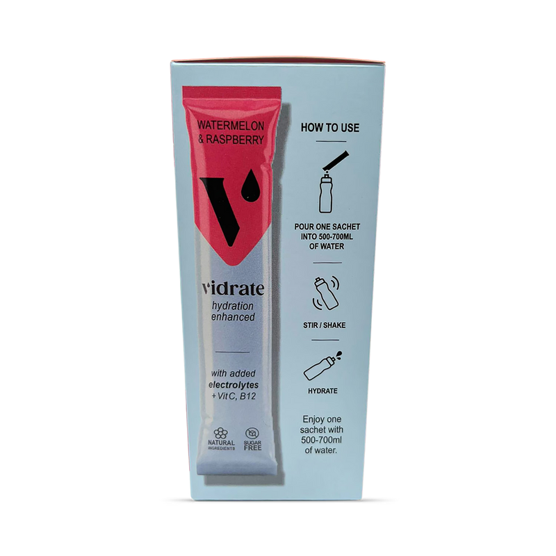 Vidrate watermelon raspberry hydration sachets 12 pack, imported from the UK