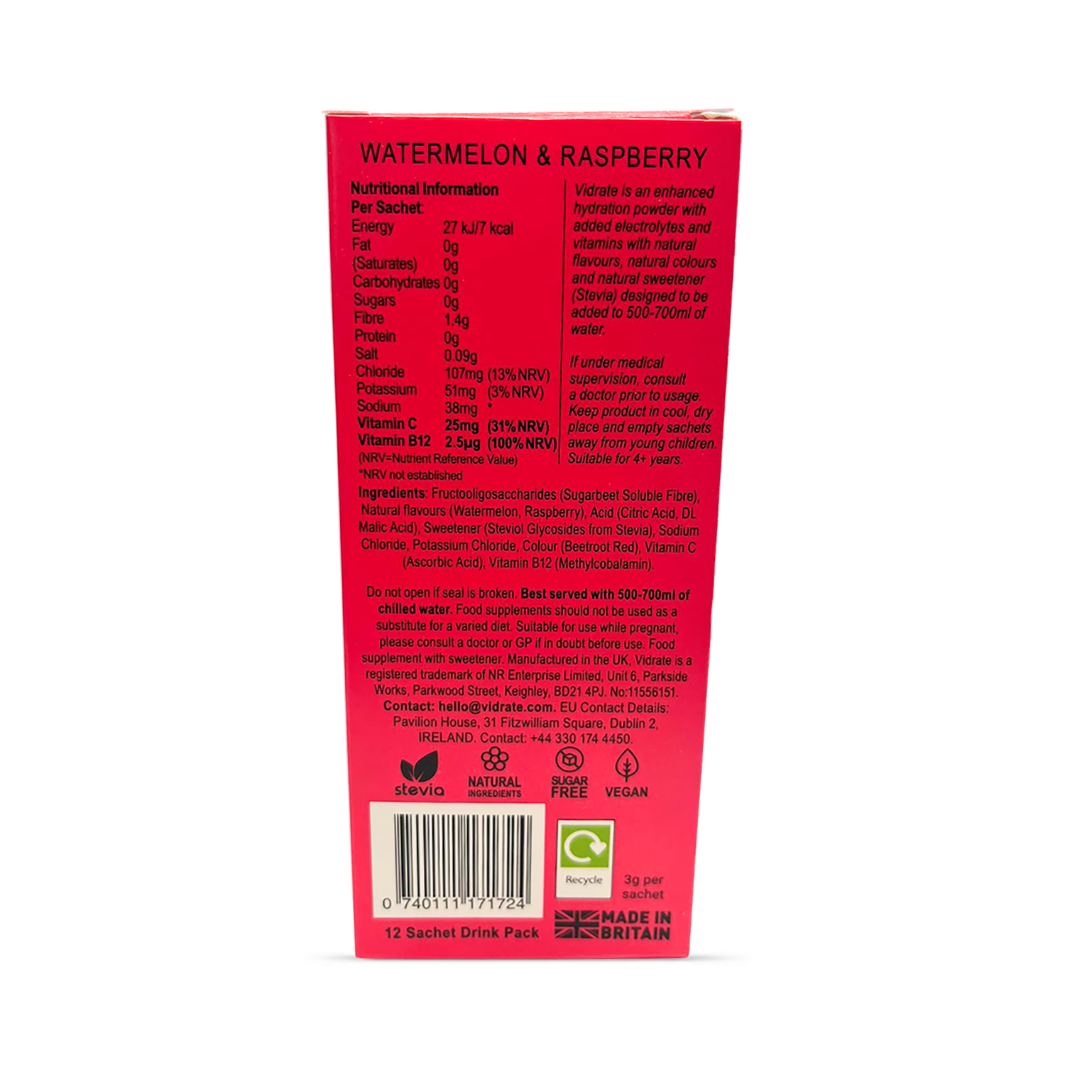 Vidrate watermelon raspberry hydration sachets 12 pack, imported from the UK