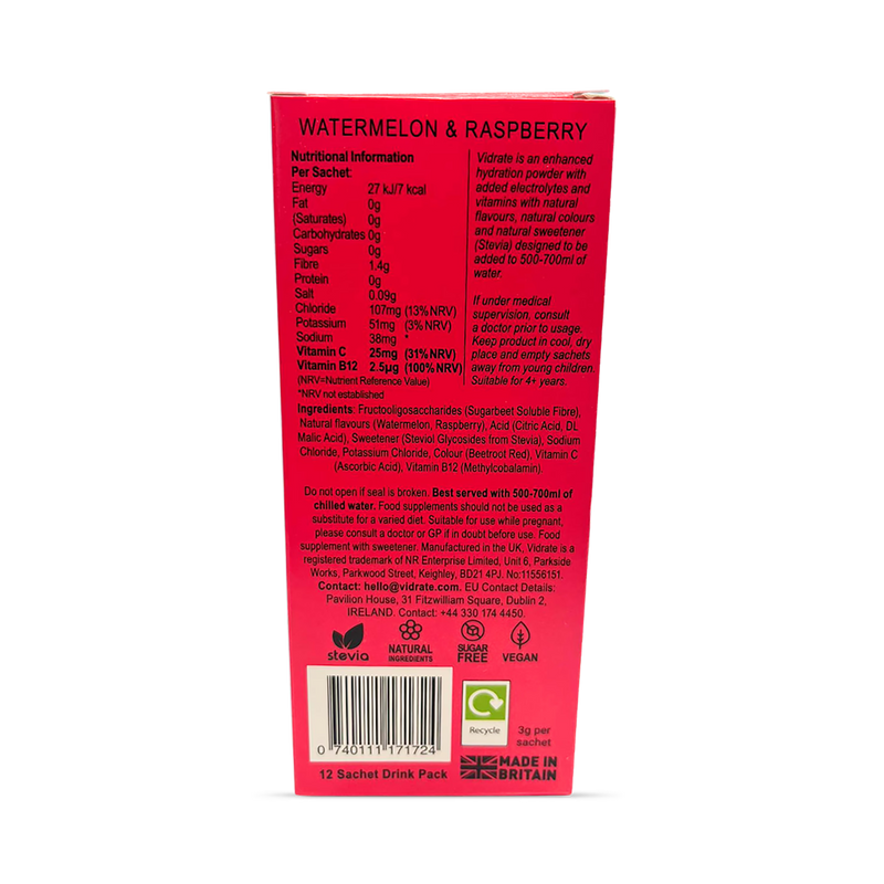 Vidrate watermelon raspberry hydration sachets 12 pack, imported from the UK