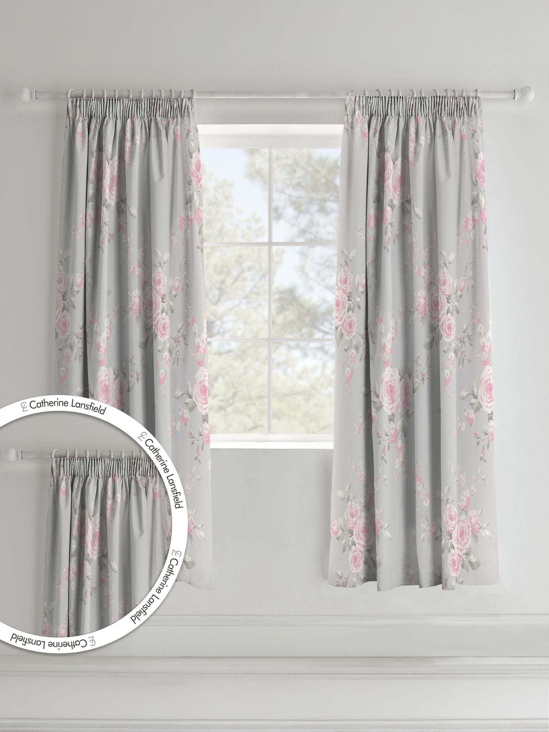 Catherine Lansfield grey floral pencil pleat curtains, UK version