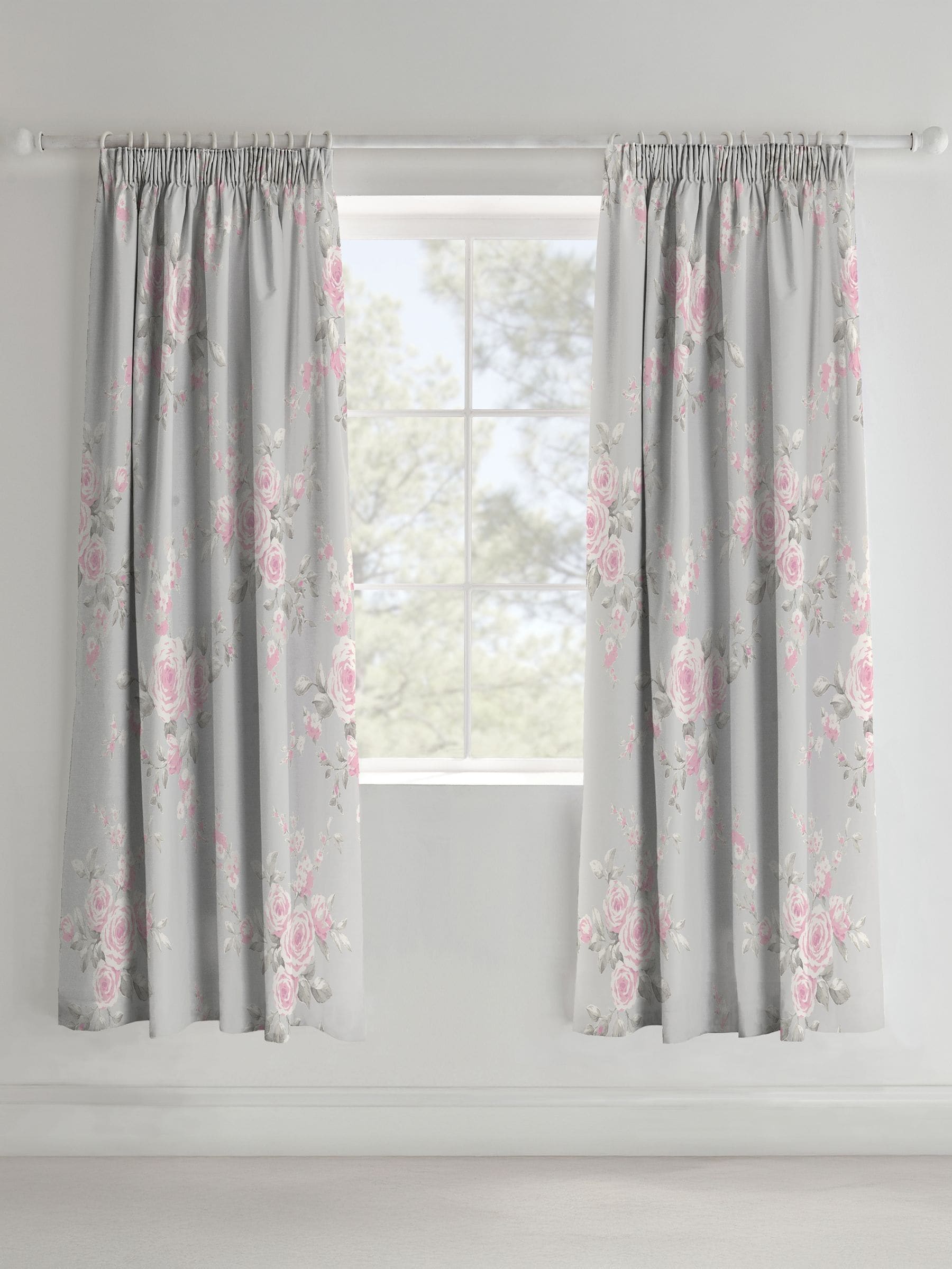 Catherine Lansfield grey floral pencil pleat curtains, UK version