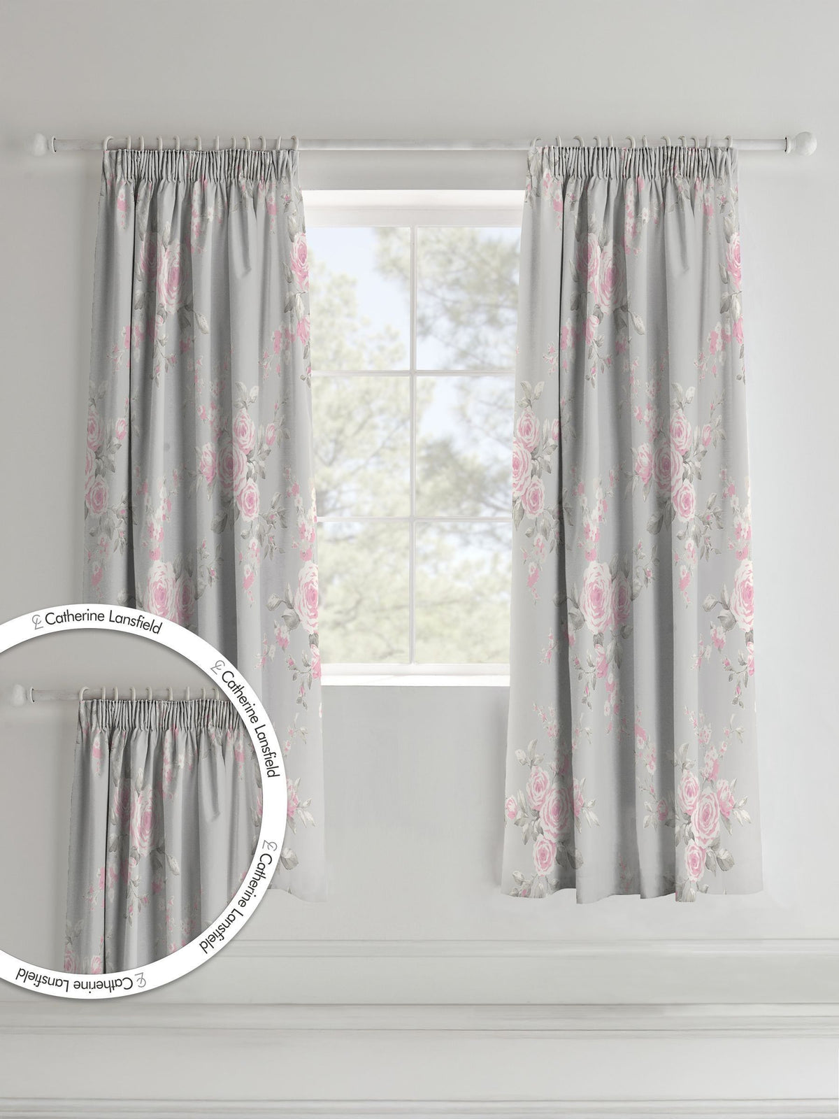 Catherine Lansfield grey floral pencil pleat curtains, UK version