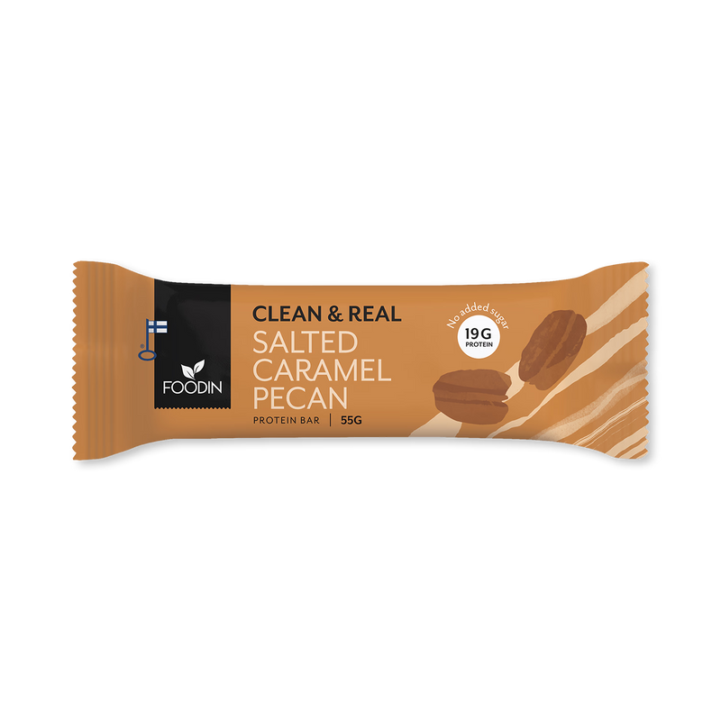 Clean & Real protein bar caramel pecan 12x55g, imported from the UK