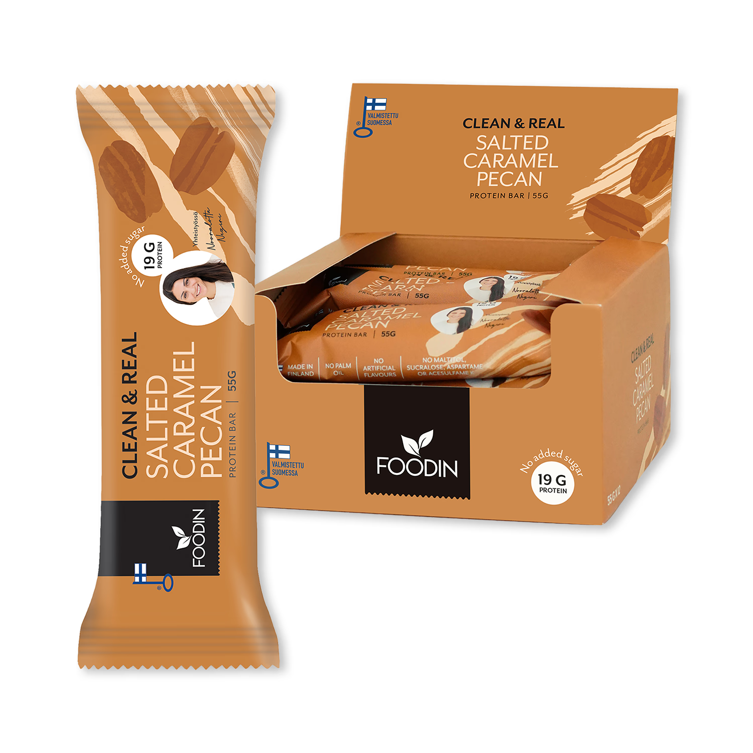 Clean & Real protein bar caramel pecan 12x55g, imported from the UK