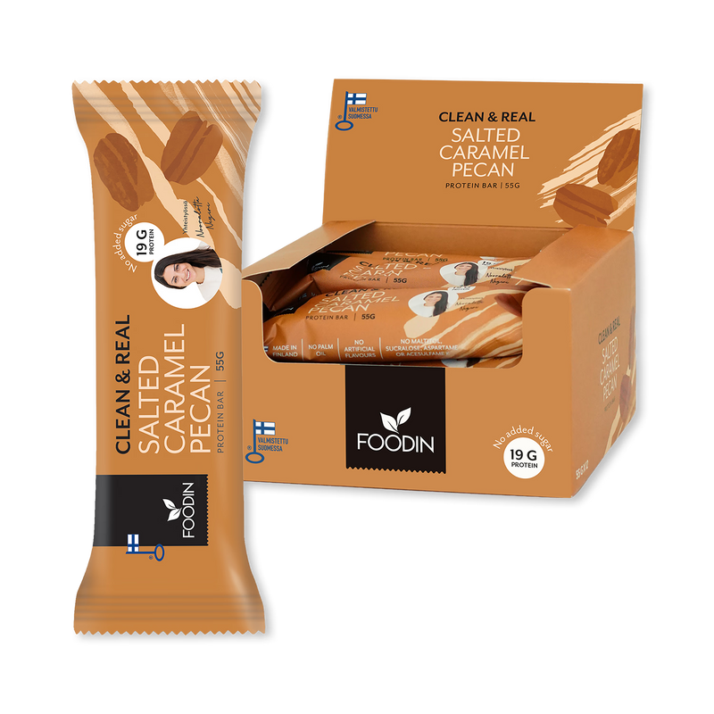Clean & Real protein bar caramel pecan 12x55g, imported from the UK