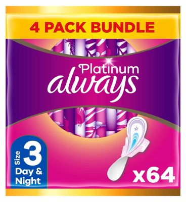 Always Platinum Day & Night (Size 3) Pads Wings 16 Sanitary Towels x4 Bundle GOODS Boots   