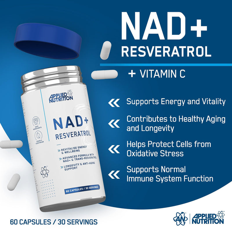 Applied Nutrition NAD+ trans-resveratrol supplement 60 capsules (British brand)