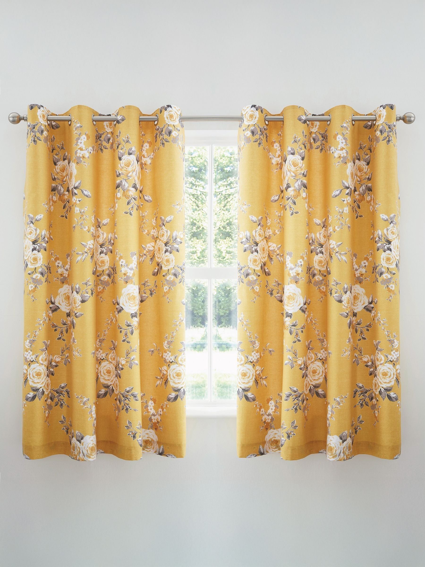 Catherine Lansfield Ochre Yellow Canterbury Floral Eyelet Curtains