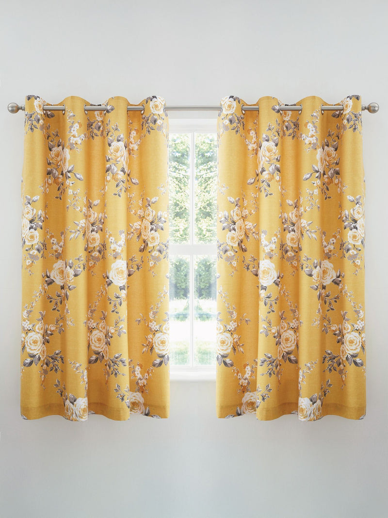 Catherine Lansfield Ochre Yellow Canterbury Floral Eyelet Curtains