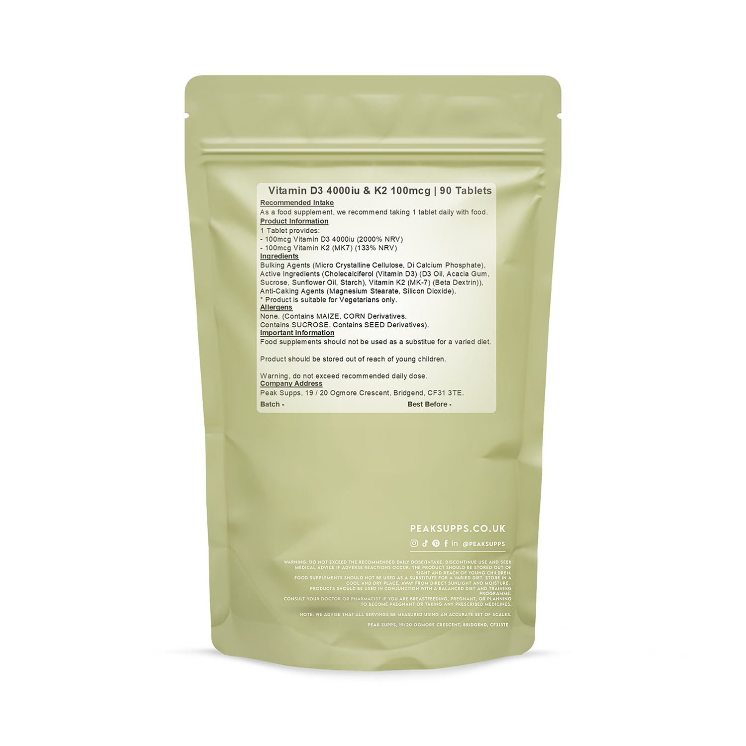 Peak Supps Vitamin D3 K2 MK-7 90 tablets (British brand)