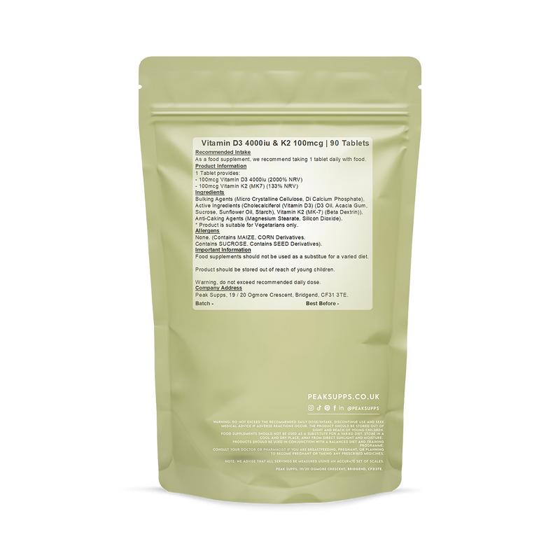Peak Supps Vitamin D3 K2 MK-7 90 tablets (British brand)
