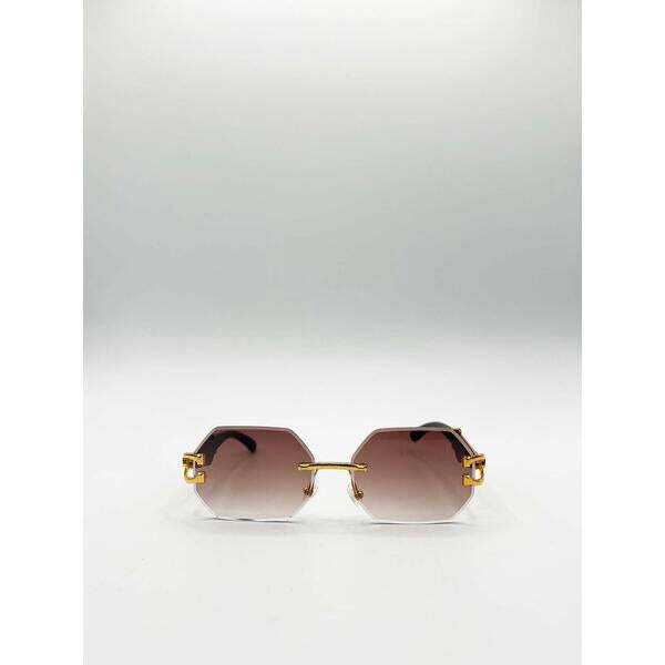 SVNX rimless oval geometric sunglasses in gold and brown - British product