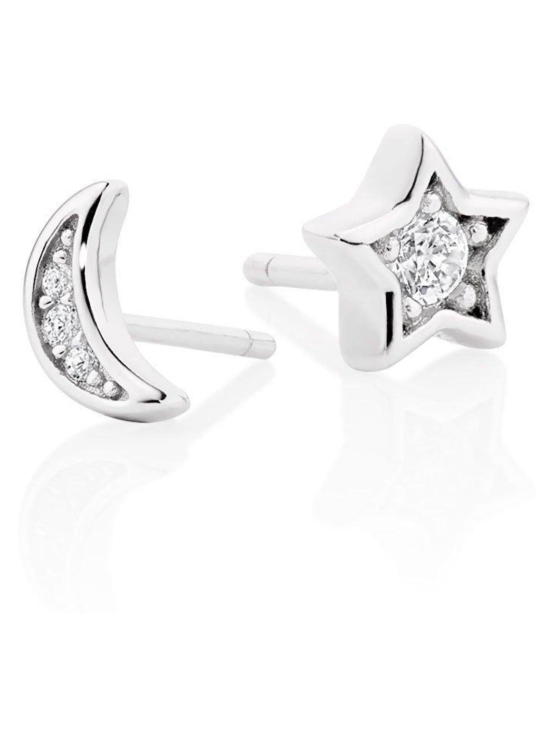 Sterling silver cubic zirconia moon and star stud earrings 7mm (British brand)