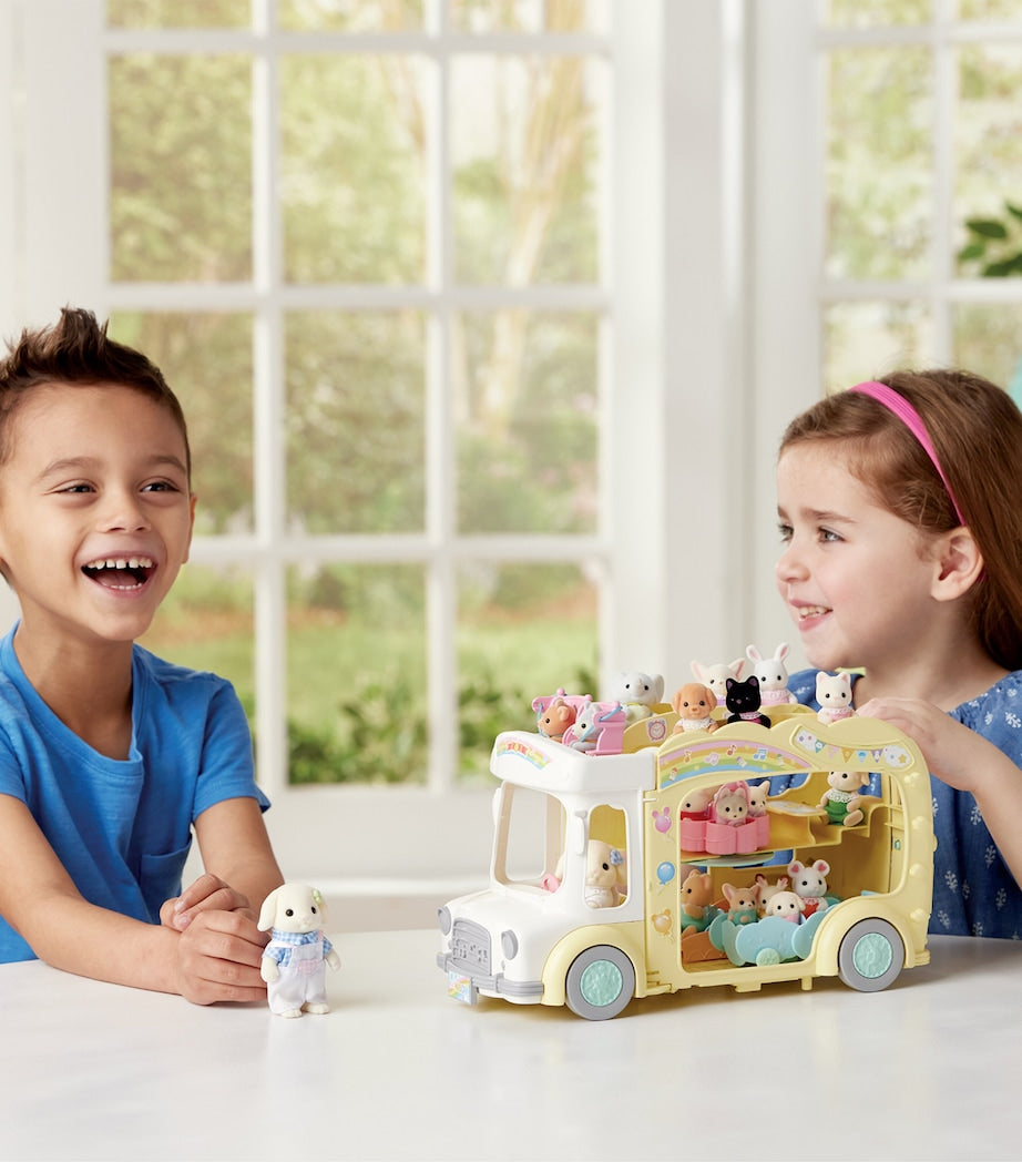 Sylvanian Families rainbow fun nursery bus playset with transforming play area (British brand)