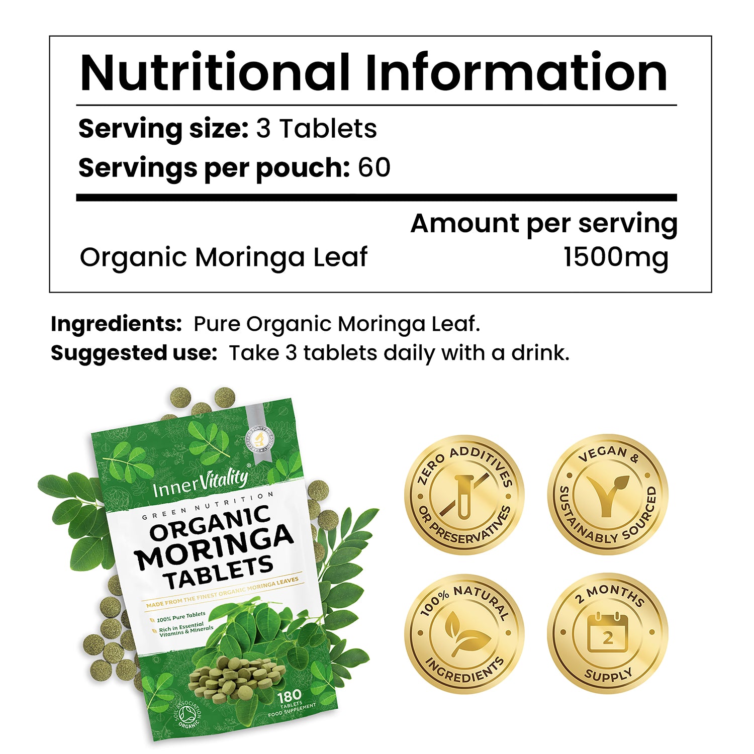 Inner Vitality organic moringa tablets 180 count - British product