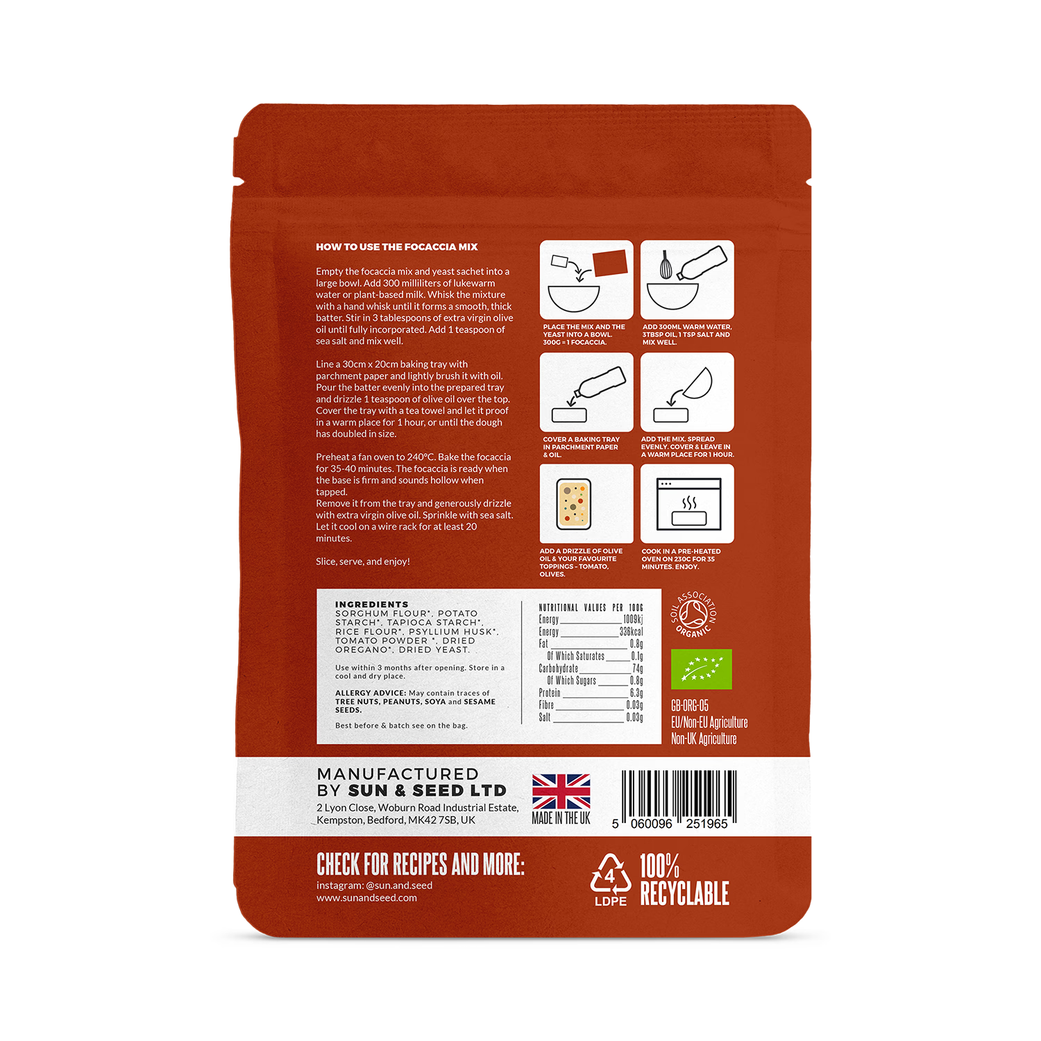 Sun & Seed gluten free focaccia mix tomato oregano 300g (British brand)