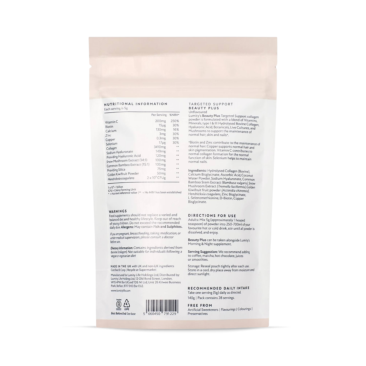 Lumity Beauty Plus Powder collagen supplement 140g (British brand)