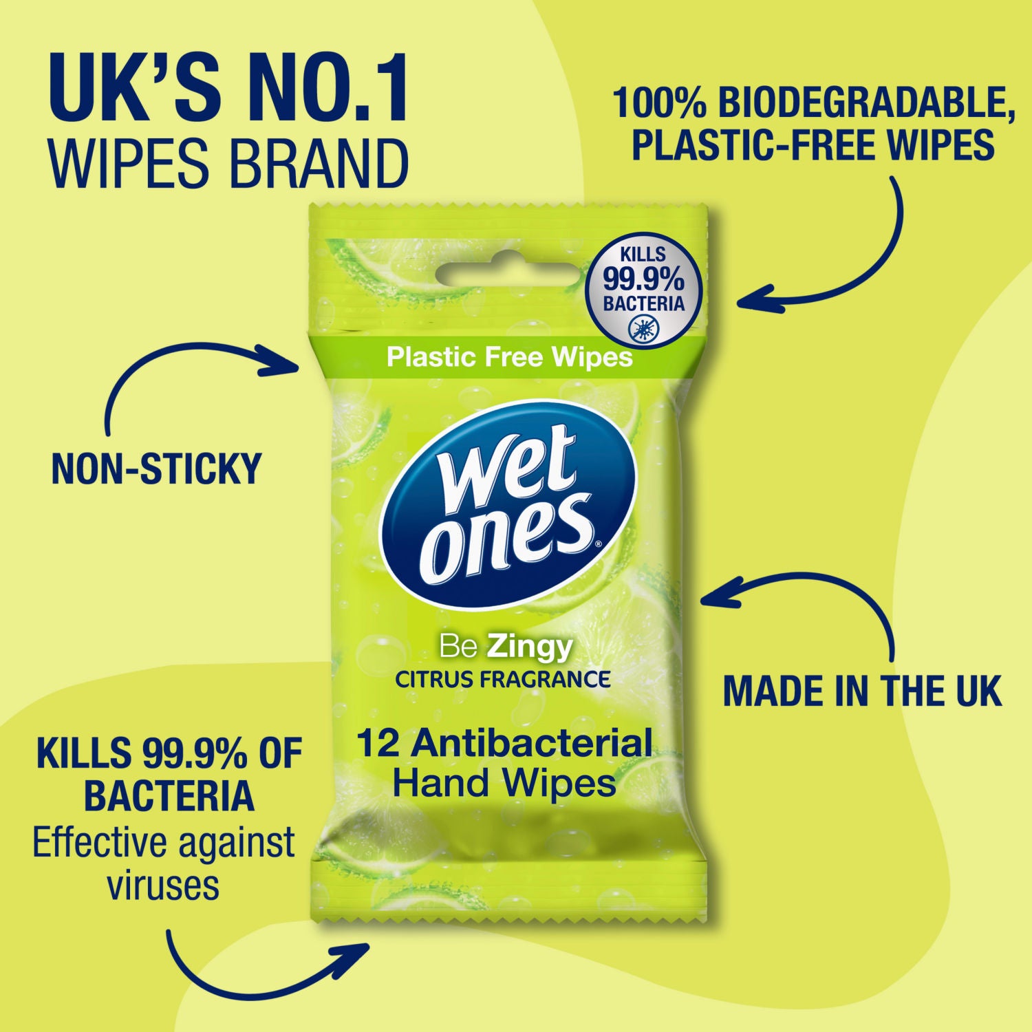 Wet Ones Be Zingy antibacterial hand wipes pack of 12 (British brand)