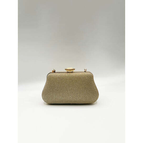 SVNX Ruched Jewel Clutch Bag in Gold, imported from the UK
