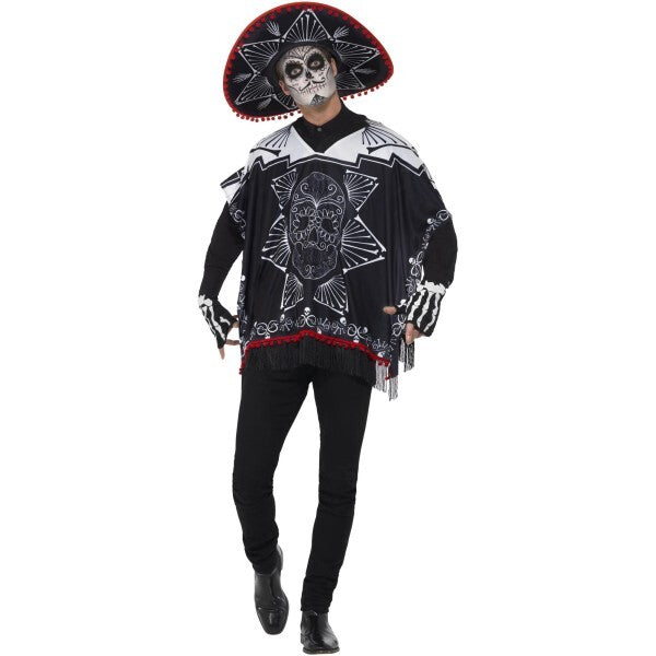 Smiffys Day of the Dead Bandit Costume with poncho, sombrero, gloves (British brand)