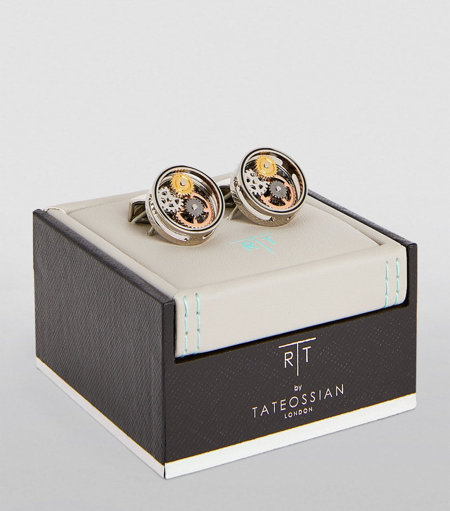 Tateossian circle gear cufflinks in rhodium plated silver (British brand)