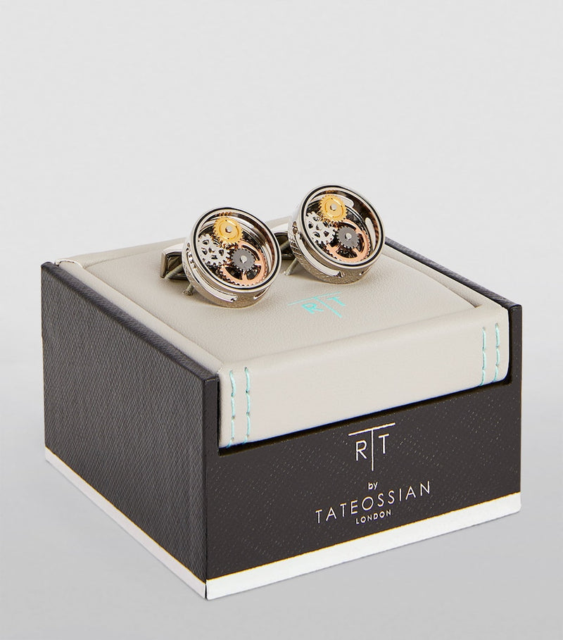 Tateossian circle gear cufflinks in rhodium plated silver (British brand)