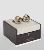 Tateossian circle gear cufflinks in rhodium plated silver (British brand)