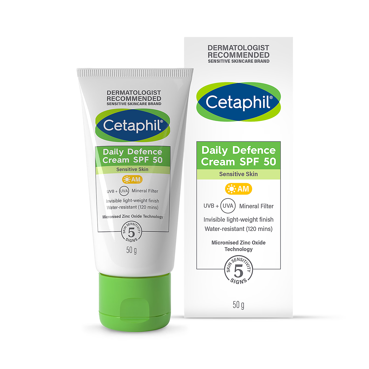 Cetaphil Daily Defence Cream SPF 50+ mineral sunscreen 50g, imported from the UK