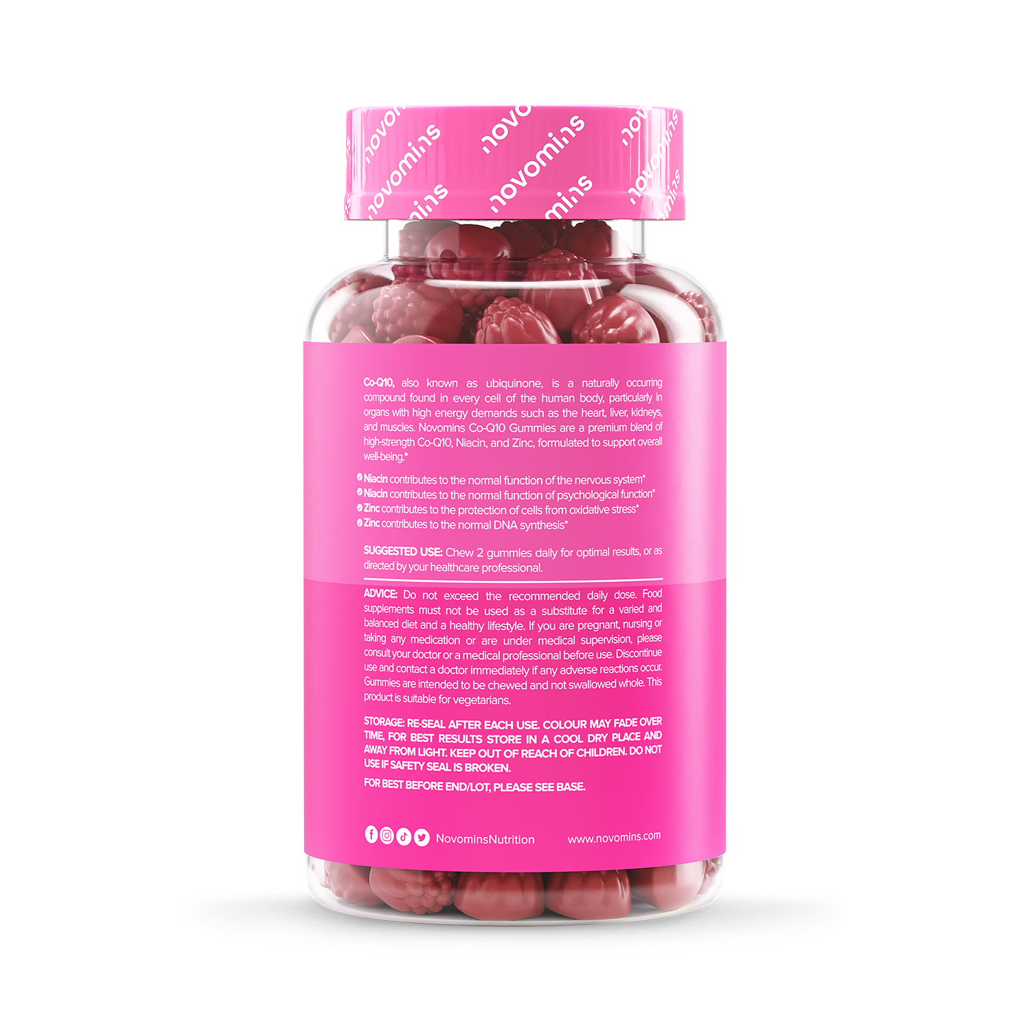 Novomins Co-Q10 peach flavour gummies 60 count, UK version