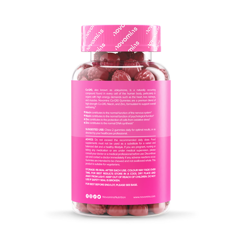 Novomins Co-Q10 peach flavour gummies 60 count, UK version