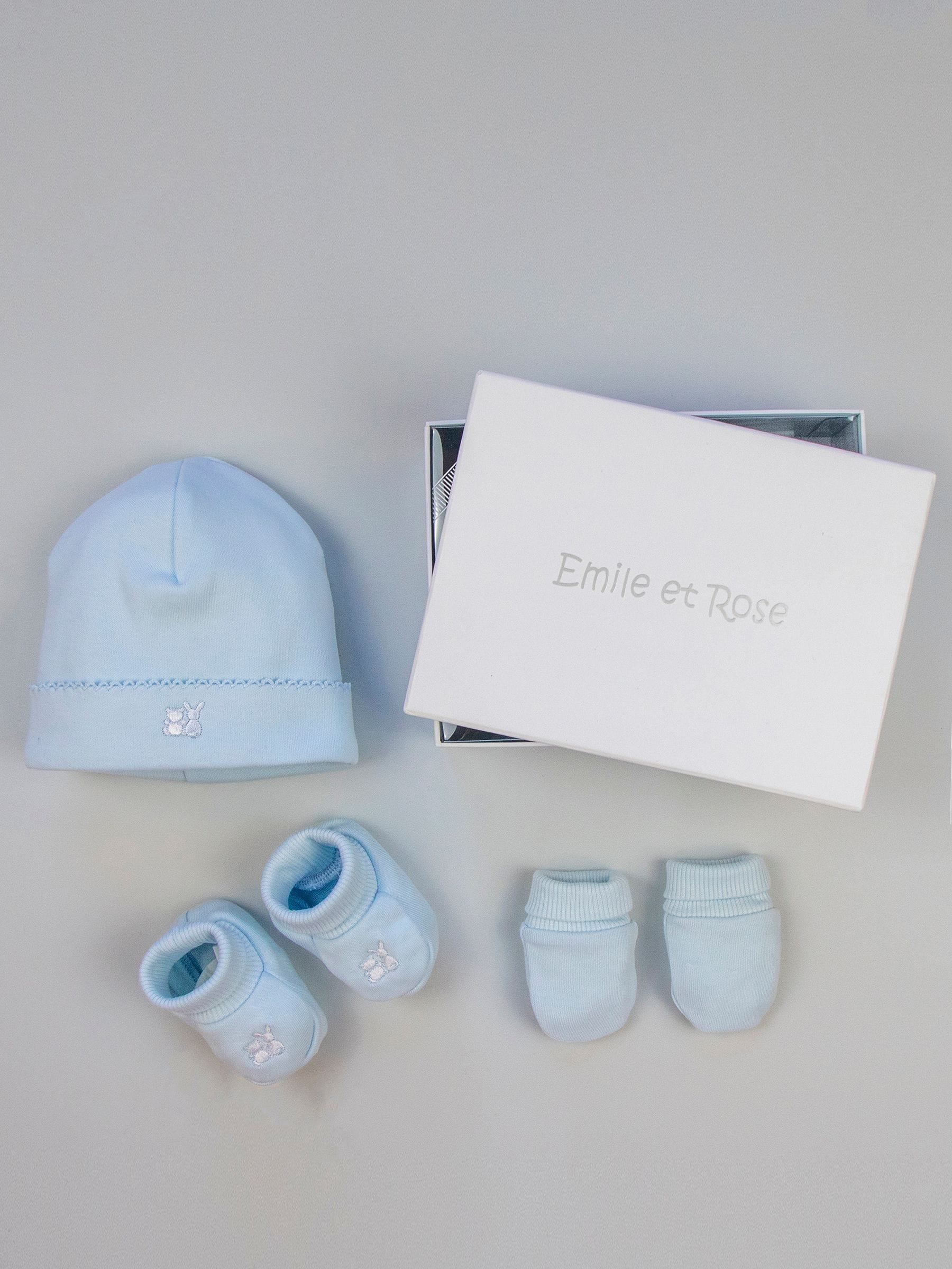 Emile et Rose blue cotton hat booties mitts gift set - British product
