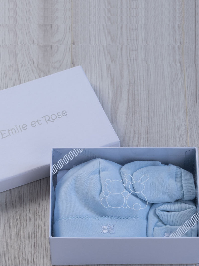 Emile et Rose blue cotton hat booties mitts gift set - British product