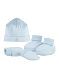 Emile et Rose blue cotton hat booties mitts gift set - British product