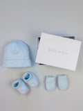 Emile et Rose blue cotton hat booties mitts gift set - British product