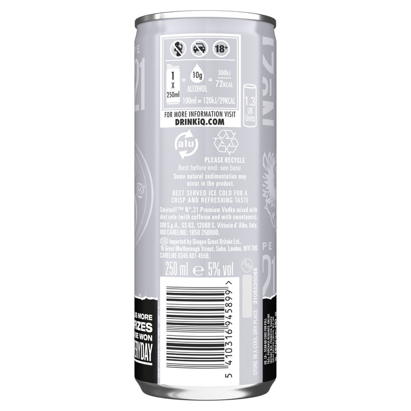 Smirnoff vodka and diet cola ready-to-drink cocktail 250ml (British brand)