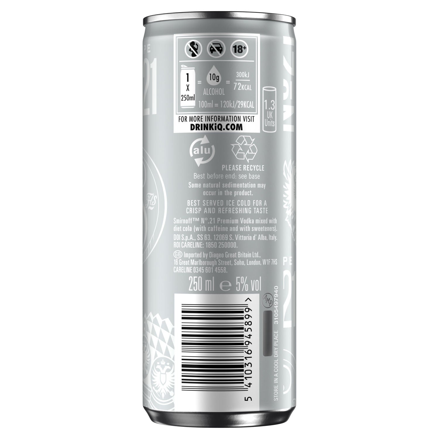 Smirnoff vodka and diet cola ready-to-drink cocktail 250ml (British brand)