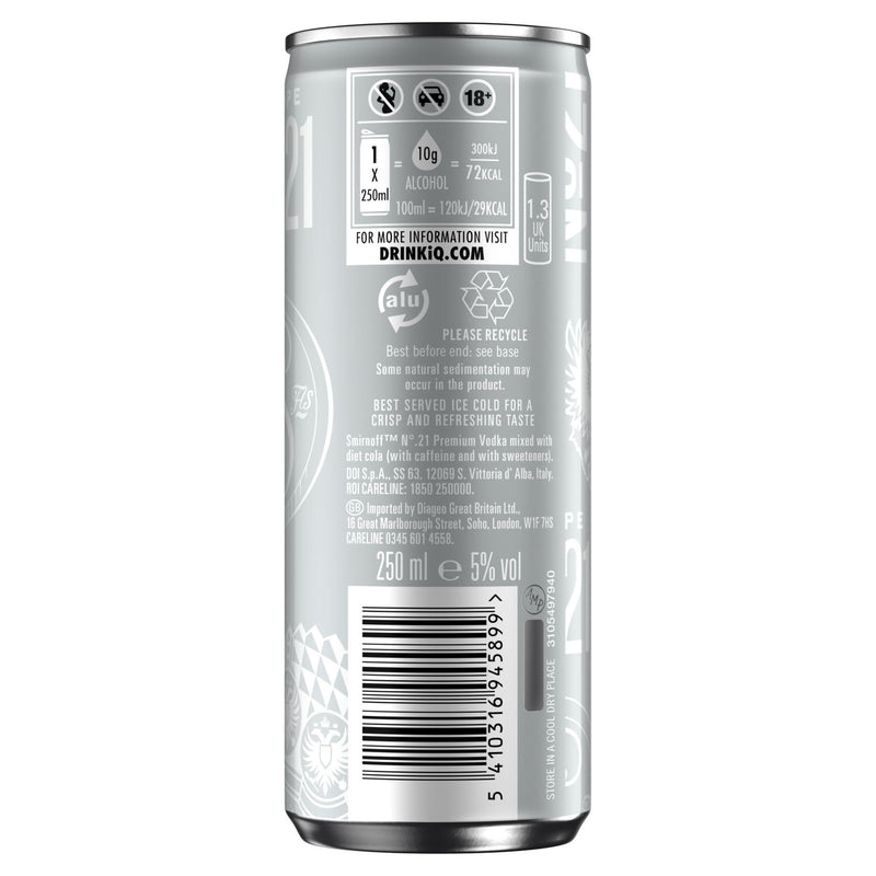 Smirnoff vodka and diet cola ready-to-drink cocktail 250ml (British brand)